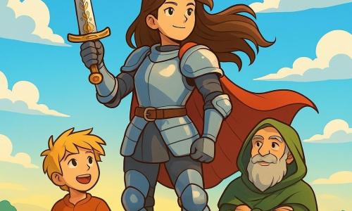 A knightess, Mirelle, stands proudly at the top of a green hill, her armor shimmering in the rising sun. She has long brown hair flowing in the wind, and her face expresses determination and kindness. She wields a sword adorned with floral patterns, ready to defend those in need. Beside her is a young boy named Tomas, about 12 years old, with messy blonde hair, watching in admiration. He holds a small lantern, his face lit up with excitement and wonder. A wise old ranger, Osen, with a gray beard, stands back with crossed arms, displaying an approving smile, ready to support Mirelle. The setting is a lush hill dotted with colorful wildflowers, under a bright blue sky with fluffy white clouds. In the distance, a peaceful village can be seen, its thatched roofs glistening in the sun. The main scene shows Mirelle, determined and brave, ready to embark on a night patrol with her companions to protect the village from lurking dangers.