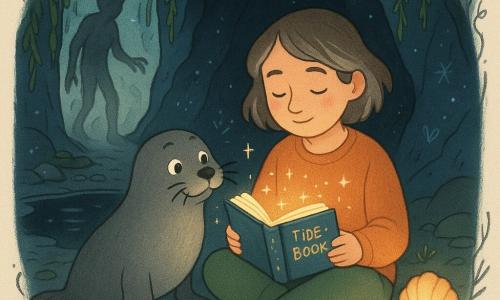 The main woman is Mira, a young woman with calm attentive eyes, a round face and salt flecks in her brown hair, sitting cross-legged and serenely reading a small, star-glowing 