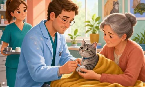Um veterinário na casa dos 30, rosto redondo, cabelo castanho curto, óculos finos e expressão suave e concentrada, sorri levemente; veste um jaleco azul-claro com alguns pelos, ajoelha-se e trata delicadamente um gatinho macho cinza rajado sobre uma mesa coberta por um cobertor mostarda. Ao lado direito do veterinário, uma mulher de cerca de 50 anos, cabelos grisalhos presos num coque, olhar aliviado, segura a pata do gato através do cobertor. Ao fundo à esquerda, uma jovem assistente de ~22 anos, sorriso atento, traz uma bandeja com uma tigela e um curativo, junto a uma prateleira com caixas coloridas e frascos rotulados. A clínica é iluminada, com paredes em tons pastel (menta e coral pálido), uma grande janela arredondada que deixa entrar luz suave, cartazes educativos, plantas em vasos e instrumentos desenhados com formas simples e cores saturadas. Cena principal: momento calmo e acolhedor em que o veterinário cuida do gato ferido, composição centrada, luz suave nos rostos, texturas nítidas e atmosfera de confiança e cuidado.