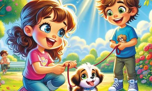 An 8-year-old girl, Layla, with sparkling brown eyes and curly hair, joyfully smiles as she helps a little puppy free itself from its tangled leash, her cheeks flushed with excitement. Next to her, a 7-year-old boy, Sam, with messy blonde hair and wearing a blue t-shirt, watches in admiration and laughs while playing with the puppy. The scene takes place in a sunny park filled with colorful flowers and lush trees, under a light blue sky dotted with fluffy white clouds. Layla is crouching, gently holding the puppy's leash, while Sam leans in to pet the little animal, both surrounded by a cheerful and friendly atmosphere.