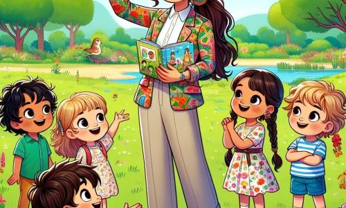 Un'insegnante sorridente, Laura, è al centro dell'immagine. Ha circa 30 anni, lunghi capelli castani raccolti in una coda di cavallo, indossa una camicia colorata e pantaloni comodi. Il suo viso irradia gioia mentre mostra un piccolo libro illustrato ai bambini. Intorno a lei ci sono diversi bambini. Luca, un ragazzo di 7 anni con capelli ricci e occhiali, alza la mano sorridendo. Accanto a lui, Chiara, una ragazza di 6 anni con trecce e un vestito a fiori, guarda meravigliata, tenendo un piccolo quaderno. Il contesto è un parco verde, con alberi maestosi, fiori colorati e un cielo blu. Laura spiega con passione ai bambini le meraviglie della natura, circondata da animali del parco, come un coniglietto che si avvicina curioso. I bambini sono affascinati dall'avventura di imparare e scoprire insieme.