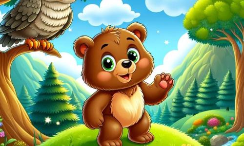 Un pequeño oso marrón llamado Bruno, con un pelaje suave y ojos brillantes, se encuentra en la cima de una colina verde, con una mirada asombrada y curiosa. Sonríe, con las patas levantadas como si quisiera tocar el cielo, rodeado de flores coloridas que bailan al viento. Junto a él, un viejo búho sabio llamado Eloy, con plumas grises y ojos profundos, está posado en una rama, observando a Bruno con benevolencia. Su expresión es serena y parece listo para compartir su sabiduría. El paisaje es encantador, con árboles majestuosos de hojas verdes brillantes, un cielo azul salpicado de nubes blancas y un arroyo que brilla mientras serpentea por el valle. La escena principal muestra a Bruno y Eloy contemplando el vasto mundo que se extiende ante ellos, mientras los murmullos de los árboles resuenan a su alrededor, evocando la búsqueda de sentido y sabiduría en la vida.