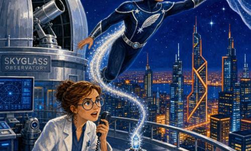 Captain Cometquill, smiling but focused with hair hidden by a dark mask, in a midnight-blue suit with silver lines and a sparkling white trail, floats above a neon-lit glass-city and reaches toward a thin luminous membrane in the sky to anchor a "Drift" that connects to a small beacon; nearby Dr. Lysa Merrow, ~35, determined with large eyes behind round glasses and a disheveled white lab coat, leans on a glowing console on the Skyglass Observatory terrace and speaks into a mic, while a small metallic feather-shaped drone emits blue sparks by the hero's shoulder, the open silver dome, silver instruments and blinking blue screens framing a tense, luminous scene of deep blue, silver, white and warm neon.
