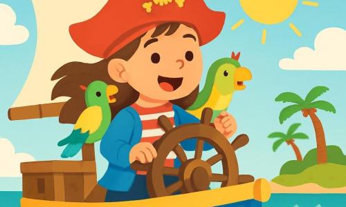A young pirate woman, Captain Mia, smiling and full of enthusiasm, wears a red hat and a striped scarf. She stands on the deck of her large blue ship, hair blowing in the wind, firmly holding the helm. Beside her, Polly, a colorful parrot with green and yellow feathers, perches on her shoulder, chirping happily. The ship sails on a sparkling sea, where small waves dance under the golden sun. In the background, a lush island with palm trees appears on the horizon, while white clouds float in a light blue sky. The main scene shows Captain Mia, determined, maneuvering her ship towards the island, ready to discover hidden treasure.
