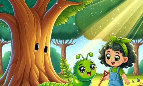 Un piccolo lombrico sorridente, con una pelle liscia e lucente di colore verde, si trova al centro dell'immagine, con gli occhi scintillanti di eccitazione. Sta piantando un giovane albero nel terreno, circondato da terra e piccoli fiori colorati. Alla sua destra, una giovane ragazza dai capelli ricci e occhi brillanti, indossando una maglietta verde e pantaloni corti di jeans, osserva con orgoglio il lombrico. Tiene una piccola pala e sorride, felice di partecipare a questa bella azione per la natura. A sinistra, un grande albero di quercia maestoso, con foglie di un verde brillante, offre ombra e riparo agli uccelli canterini. Il terreno è cosparso di fiori selvatici e piccoli insetti che si affaccendano, creando un'atmosfera gioiosa e vivace. La scena si svolge in un parco soleggiato, dove i raggi di luce filtrano tra i rami, illuminando il volto del lombrico e della giovane ragazza. Stanno lavorando insieme per piantare alberi, simboleggiando l'unione degli sforzi per proteggere l'ambiente.