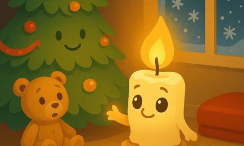 A small anthropomorphic candle named Lumi with smooth ivory wax, a flickering golden flame, big round eyes and a gentle smile stands on a stump and holds its light forward; a smiling cone-shaped Christmas tree decorated with red garlands and shiny baubles sits just behind to the left; a beige teddy with stitched eyes sits at the tree base, surprised and comforted, looking at the flame; a frosted window on the right shows large snowflakes against a night-blue sky and a faintly sparkling pane; the warm bedroom has a light wooden floor, a folded red blanket, and a soft shadowed corner gently lit by the candle; the candle's small golden glow envelops the tree and bear, creating a cozy, intimate, reassuring scene with warm yellow, red and green tones contrasted by the window's cold blue; style: simple vector illustration, rounded shapes, clean lines, flat saturated colors, toddler-friendly.