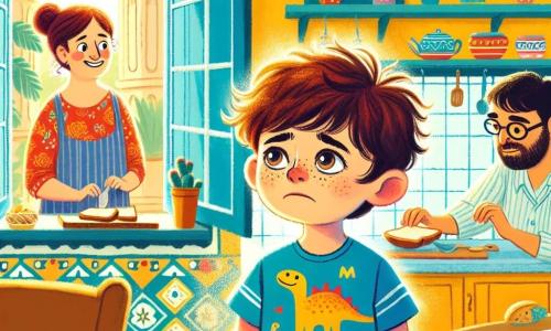 A 4-year-old boy with messy brown hair and sparkling eyes looks out the window with a sad and disappointed expression. He is wearing a blue dinosaur t-shirt and red shorts. Next to him, his mother, a woman in her thirties with brown hair tied in a bun, smiles while preparing toast in the kitchen. His father, a bearded man around 35, reads the newspaper at the table, glasses on his nose, ignoring his son. The scene takes place in a bright and welcoming kitchen with yellow walls and colorful decorations. The little boy stands by the window, lost in thought, as sunlight illuminates his face, highlighting his sadness.
