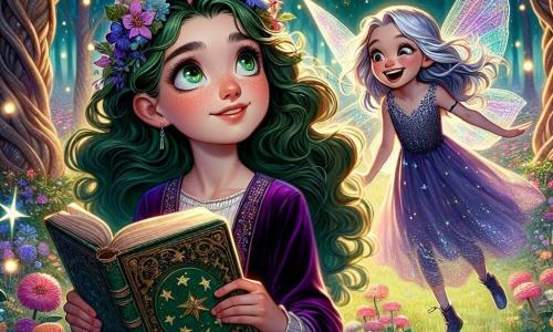 Al centro dell'immagine, Mia, un'apprendista strega di dieci anni, sorride meravigliata. Ha lunghi capelli ricci e verdi, occhi pieni di curiosità, e indossa un vestito di velluto viola decorato con motivi stellati. Nella sua mano tiene un antico libro dalle pagine scintillanti, mentre una leggera brezza fa danzare i suoi capelli. Accanto a lei, Lila, una piccola fata dai capelli argentati e ali trasparenti, vola gioiosamente. È alta appena quindici centimetri e indossa un vestito fatto di petali di fiori colorati. Lila sorride a Mia, incoraggiandola con entusiasmo. Sullo sfondo, la foresta incantata si estende a perdita d'occhio, con alberi maestosi dai tronchi nodosi e foglie brillanti. Fiori multicolori ricoprono il terreno e lucciole illuminano la scena con una luce dolce e magica. La scena principale mostra Mia e Lila che celebrano la scoperta della magia in una radura soleggiata, circondate da animali della foresta che danzano e cantano, creando un'atmosfera gioiosa e fiabesca.