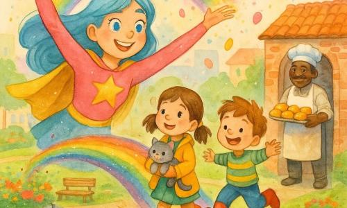 Uma super-heroína alegre e benevolente, olhos brilhantes, cabelo longo azul-céu e traje rosa com grande estrela dourada no peito e capa ao vento, ergue os braços formando uma ponte arco-íris luminosa enquanto uma menina de 6 anos com rabo de cavalo, de casaco amarelo, segura uma gatinha cinzenta e atravessa admirando-a, ao lado de um menino de 5 anos de botas vermelhas que pula rindo; um homem padeiro de cerca de 50 anos (homem) com avental branco salpicado de farinha segura uma bandeja de pãezinhos dourados à entrada de uma pequena padaria de tijolos; vários pequenos robôs redondos e coloridos estão parados na relva com confetes presos à carroceria perto de canteiros de flores; cena num parque urbano ensolarado com relva verde, flores vivas, banco de madeira, fonte de pedra e caminho pavimentado, edifícios baixos de fachadas pastel ao fundo; chovem pequenas bolinhas de gelatina coloridas enquanto a heroína cria a ponte para as crianças não escorregarem, atmosfera calorosa, tons pastel claros e textura aquarela suave com respingos controlados para dar movimento às gelatinas e confetes.