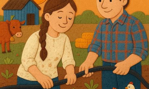 Elena, femeie cu părul brun împletit, zâmbitoare și concentrată, poartă o bluză crem de in murdară de pământ și ține un furtun de irigare în timp ce fixează picurătoare de-a lungul rândurilor de plante; Andrei, bărbat de circa 40 de ani cu șapcă albastră și cămașă în carouri, ține celălalt capăt al furtunului și o ajută stând pe solul brun; o vacă roșcată cu clopoțel e lângă un mic magazion de lemn vopsit în albastru și două găini albe ciugulesc lângă baloți de fân; câmp la marginea satului cu rânduri ordonate de plante, pământ întunecat și soarele coborând, iar ei montează un sistem de irigare prin picurare — conducte subțiri pe sol și picături care udează rădăcinile, atmosferă caldă și colaborativă la apus.