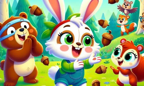 In the center of the image, Ruby, a small rabbit with big ears and bright white fur, is joyfully juggling acorns, her face radiating happiness and excitement. Next to her, Benny, a brown bear with a bandage on his paw, is clapping with a big smile, showing his support and pride for his friend. A little further away, Lilly, a small squirrel with sparkling eyes and red fur, is dancing gracefully, her paws raised enthusiastically as she admires Ruby. The setting is a green meadow dotted with colorful flowers and large trees with lush leaves, under a bright blue sky with a few fluffy clouds. In the background, other animals, like a singing bird and a curious turtle, gather to applaud and encourage everyone's talents. The scene conveys an atmosphere of joy and camaraderie, illustrating the theme of equality and mutual support among friends.