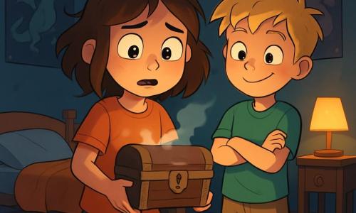 A 10-year-old girl with messy brown hair and curious shining eyes stands in the center of a dark room, heart racing, holding a small mysterious wooden chest in her hands. Her face expresses both wonder and slight fear, with furrowed brows and slightly open mouth. Next to her, a 10-year-old boy with tousled blonde hair and a mischievous smile looks at the chest with fascination, arms crossed over his chest, ready to help. The scene takes place in a child's bedroom, with walls adorned with posters of fantastical creatures, where the light of a flickering lamp casts dancing shadows on the wooden floor. Scattered toys and a messy bed add a lively touch to the place. The main situation shows the girl, hesitant but determined, about to open the mysterious chest, while a light mist escapes from inside, creating an intriguing and slightly frightening atmosphere.