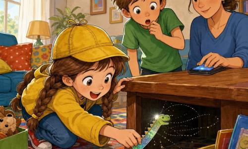 A joyful, focused 6-year-old girl with long brown braids and a yellow detective hat crouches to grab a shiny dinosaur bookmark from under a small wooden table while a worried-then-relieved ~7-year-old boy with tousled hair and a green t-shirt watches with wide eyes and an adult woman (Max’s mother, ~35, chestnut hair tied) stands by a blinking phone smiling softly; the low, cozy living room has a patterned rug, scattered bright cushions, open toy boxes and sunlight through a sheer curtain, capturing the moment the bookmark emerges from a dark corner with dust motes and faces lit with excitement.