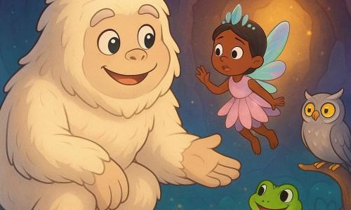 A large female yeti, soft and fluffy with highly textured creamy-white fur, bright silver round eyes and a kind smile, crouches with a welcoming open paw, joyful and reassuring; a small fairy wearing a dew-drop crown, iridescent wings and petal dress hovers nearby, waving tiny hands, relieved; a wise silver-feathered owl with piercing yellow eyes perches on a glowing root to the yeti’s right, calmly observing; a vivid green frog with a wide grin sits on a mossy stone in the foreground, legs folded to spring; setting: a hollow mountain cave lit by phosphorescent mushrooms and sparkling crystals, violet and turquoise textured walls and small blooming flowers; main scene: the yeti and friends awaken spring in the cave as golden light filters in from the entrance and glowing pollen drifts, creating a warm, magical atmosphere.