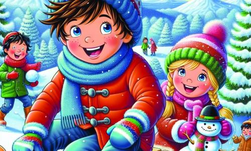 A 12-year-old boy named Thomas, with tousled brown hair, wears a thick red jacket and a blue wool hat. His face is lit up with an excited smile as he stands at the top of a snowy hill, ready to slide down on his sled. Next to him is his best friend Lucy, a 12-year-old girl with braided blonde hair, wearing a pink scarf and colorful gloves. She is joyfully laughing, her cheeks rosy from the cold, holding a snowman she just built. A little further away, Amir, a 12-year-old boy with black hair and glasses, is gathering snow to make a snowball, his face showing a concentrated expression. The scene is a beautiful winter landscape: majestic trees covered in sparkling snow, a clear blue sky dotted with fluffy white clouds, and the ground blanketed in a thick layer of pristine snow. The main focus shows Thomas and his friends getting ready to sled down the hill, surrounded by laughter and joy, eager for a winter adventure full of discoveries and fun.