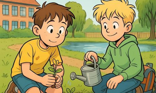 Twee jongens van ongeveer 8 jaar: Sam, kort bruin en en tousled haar, gele T‑shirt en korte spijkerbroek, knieën licht vuil, gehurkt linksvoor en voorzichtig een klein zonnebloempje houdend met een verwonderde blik; Jens, blond, warrig haar, lichtgroene trui en gestreepte rugzak op de grond, iets rechts en achter Sam zittend en een ander scheutje water gevend met een metalen gieter terwijl hij zijn vriend glimlachend aankijkt. Op een schooltuinperceel langs een zandpad met licht oneffen gemaaid gras, lichte houten schutting, een treurwilg aan een vijver die witte wolken weerspiegelt en een paar tuingereedschappen naast hen; zachte namiddaglicht met lange schaduwen. Situatie: de jongens planten en besproeien pas uitgekomen mini‑zonnebloemen, zorgzame gebaren, lenteachtige warme sfeer, jonge blaadjes en bloemen, zichtbare waterdruppels en blikken van nieuwsgierigheid en vreugde.