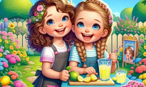 A 12-year-old girl, Clara, with curly brown hair and sparkling eyes, is sitting at a wooden table in her garden, smiling and full of enthusiasm as she mixes fresh lemons to make lemonade. Next to her, her best friend Lily, also 12, with braided blonde hair and round glasses, holds a large glass of lemonade, joyfully laughing while decorating a colorful sign for their stand. The garden is bright and vibrant, filled with multicolored flowers, a lemon tree laden with yellow fruits, and a well-maintained green lawn. In the background, the blue sky is dotted with fluffy white clouds, and curious neighbors can be seen approaching their stand. The main scene shows Clara and Lily, excited and happy, ready to open their lemonade stand, surrounded by summer energy and the scent of flowers.