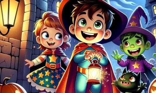 Un băiat de 6 ani, pe nume Mihai, stă în centrul imaginii, îmbrăcat într-un costum colorat de super-erou cu o pelerină roșie. Fața lui este iluminată de un zâmbet larg, arătându-și entuziasmul și curiozitatea în timp ce ține o lanternă mică care îi luminează calea. În dreapta sa, Ana, o fetiță de 6 ani îmbrăcată în vrăjitoare, cu o pălărie mare neagră și o rochie cu modele stelare, se uită în jur cu ochi uimiți, ținând o baghetă magică strălucitoare. În stânga, Radu, un băiat de 6 ani îmbrăcat în monstru verde, cu ochi rotunzi și un zâmbet prietenos, se apleacă pentru a se juca cu o pisicuță neagră care se furișează printre picioarele lui. Decorul este o veche casă bântuită, cu pereți din piatră acoperiți de pânze de păianjen și feronerie prăfuită. Umbre misterioase dansează pe pereți, creând o atmosferă intrigantă și ușor înfricoșătoare. În fundal, un dovleac mare zâmbitor este așezat pe o masă, adăugând o notă festivă atmosferei de Halloween. Situația principală arată cei trei prieteni explorând casa, râzând și jucându-se împreună, în timp ce descoperă bomboane ascunse într-o veche cutie, iluminată de lumina lanternei lui Mihai.
