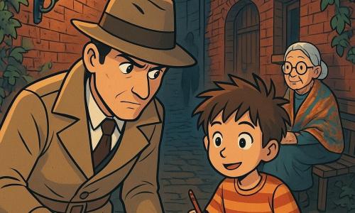 Een mannelijke detective van ongeveer veertig jaar, gekleed in een beige trenchcoat en een fedora, staat in een donkere steeg, met een pensieve en vastberaden uitstraling. Zijn ogen zijn scherp en oplettend, terwijl hij elk detail om zich heen in de gaten houdt. Naast hem staat een jonge jongen van ongeveer 10 jaar met tousled haar en een gestreept t-shirt, die nieuwsgierig kijkt en een klein notitieboekje in zijn handen houdt. Verderop zit een oude vrouw van ongeveer 70 jaar met ronde bril en een kleurrijke sjaal op een bank, terwijl ze de scène met een wijs gezicht gadeslaat. De steeg is smal, met vochtige bakstenen en rode bakstenen muren bedekt met klimop. Verouderde lantaarns verlichten de plek zwakjes, wat een mysterieuze sfeer creëert. Achterin staat een versleten houten deur op een kier, waardoor een vluchtige schaduw zichtbaar is. De belangrijkste situatie toont de detective die aanwijzingen op de grond onderzoekt, terwijl de jongen enthousiast aantekeningen maakt en de oude vrouw lijkt klaar om een geheim te delen, wat een extra vleugje mysterie aan het geheel toevoegt.