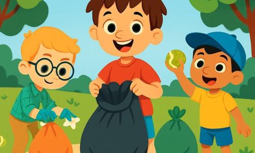 Es gibt drei Charaktere: - Max: ein 6-jähriger Junge mit zerzausten braunen Haaren und funkelnden Augen. Er trägt ein rotes T-Shirt und eine blaue Shorts. Max steht in der Mitte, lächelt und hält einen großen Müllsack. - Ben: ein 6-jähriger Junge mit blonden Haaren und runden Brillen. Er trägt ein grünes Karoshirt und beigen Hosen. Ben steht links und hebt mit einer Hand ein Stück Papier vom Boden auf, während er mit der anderen einen Handschuh hält. - Leo: ein 6-jähriger Junge mit schwarzen Haaren und einer blauen Mütze. Er trägt ein gelbes T-Shirt und Sandalen. Leo steht rechts und zeigt stolz einen alten Tennisball, den er gefunden hat, mit einem breiten Lächeln im Gesicht. Die Hauptsituation spielt in einem weitläufigen sonnigen Park mit großen, grünen Bäumen, bunten Blumen, die im Wind tanzen, und einem strahlend blauen Himmel. Der Boden ist mit Blättern und kleinen Abfällen bedeckt, was im Kontrast zur Schönheit der Umgebung steht. Die Hauptsituation der Geschichte zeigt die drei Freunde in Aktion, wie sie Müll sammeln, um den Park zu reinigen. Sie sind von bunten Müllsäcken umgeben, und die Atmosphäre ist fröhlich und dynamisch, mit Lachen und enthusiastischen Gesten.