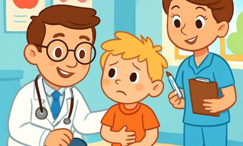 A smiling and kind man, Dr. Ben, wearing a white coat and a stethoscope, has brown hair and round glasses that give him a friendly appearance. He is crouched down next to a small boy, Max, about 6 years old, with messy blond hair and a worried face. Max holds his stomach with one hand and looks at Dr. Ben with hopeful eyes. Next to them is Nurse Anna, a woman in her thirties with brown hair in a bun. She smiles warmly while holding a thermometer and a notebook. The scene takes place in a bright medical office with pastel blue walls, colorful health posters, and scattered toys on the floor. A large window lets in sunlight, creating a welcoming atmosphere. Dr. Ben examines Max carefully, speaking softly to reassure him, while Nurse Anna prepares tools to assist. The ambiance is warm and compassionate, illustrating a moment where a doctor helps a child feel better.