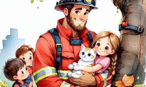 Un pompier curajos, un bărbat în jur de 30 de ani cu părul brun și o barbă bine întreținută, poartă un uniform roșu aprins și o pălărie mare. Are un zâmbet cald pe față, arătându-și determinarea și bunăvoința, în timp ce ține o pisicuță albă în brațe, confortând-o după ce a salvat-o dintr-un copac. Lângă el, o fetiță de aproximativ 8 ani, cu părul blond împletit și îmbrăcată într-o rochie roz, se uită cu uimire la pompier, strângând pisicuța la piept cu un mare zâmbet de recunoștință. Un grup de copii, cu vârste între 6 și 10 ani, stau puțin mai departe, având expresii de bucurie și admirație, agitând brațele pentru a-l saluta pe pompier. Scena se desfășoară într-un parc verde, plin de copaci majestuoși și flori colorate, sub un cer albastru strălucitor. În fundal, se vede o mică zonă de joacă unde alți copii se distrează, adăugând o atmosferă veselă ilustrației. Situația principală arată pompierul coborând de pe o scară, ținând pisicuța în brațe, în timp ce copiii aplaudă și strigă de bucurie, sărbătorind salvarea eroică.