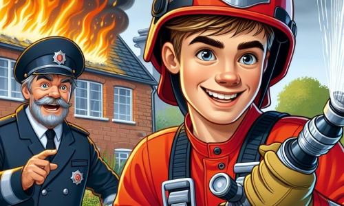 A young man, Ethan, is an enthusiastic firefighter with a bright smile and excited eyes. He wears a vivid red uniform, a shiny helmet, and firmly holds a fire hose, ready to extinguish the flames. Next to him is an older man, Captain Lewis, around 40 years old, with graying beard and an encouraging expression, signaling him to continue. He is dressed in a navy firefighter suit and watches Ethan with pride. In the background, a brick house with smoke billowing from the windows creates an urgent atmosphere. Lush trees and a blue sky contrast with the dramatic scene. The main situation shows Ethan in action, spraying the flames with the hose, while sparks fly around him, illustrating the courage and determination of a young firefighter facing the fire.