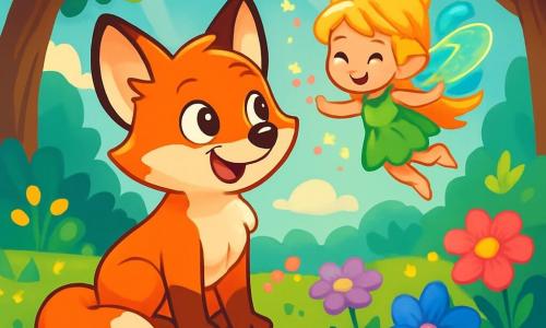 Finley, a young bright orange fox with sparkling curious eyes, sits in a beautiful sunny clearing, a radiant smile on his face. He gazes in wonder at a small fairy with shimmering wings, who flits around him, filling the air with vibrant colors. The fairy, Luna, is tiny and delicate, with golden hair that floats like sunbeams, and she has a mischievous smile, full of joy. She dances among the multicolored flowers, creating a magical atmosphere around them. The scene takes place in an enchanted clearing, where flowers in bright shades of pink, purple, and blue bloom under a blue sky. Sunbeams filter through the majestic trees, casting dancing shadows on the ground. Finley and Luna share a moment of discovery and happiness as they explore the beauty of nature, surrounded by the magic of enchantment and friendship.