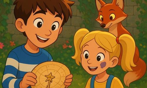 A 10-year-old boy, Finn, with tousled brown hair and eyes sparkling with curiosity, holds a circular map made of old paper. He has a look of wonder and wears a blue and white striped sweater. Next to him, a 10-year-old girl, Lila, with blonde hair tied in two pigtails and a purple paint smudge on her cheek, looks at the map with excitement. She wears denim overalls and a yellow t-shirt. They stand in a secret garden, surrounded by high walls of ivy and colorful flowers. In the center, there's an ancient stone with a small carved bowl, where a star-shaped key rests. A red fox, with shiny fur and mischievous eyes, sits on the stone, watching the children with curiosity. The garden is bathed in a soft golden evening light, creating a magical and mysterious atmosphere.