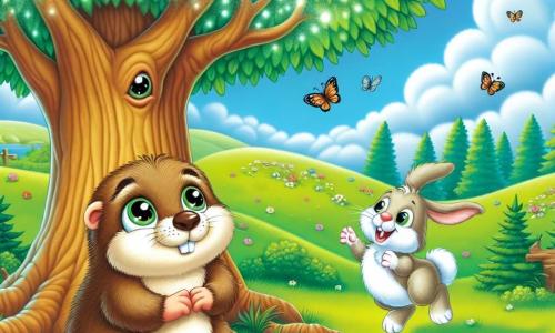 Una marmota curiosa, llamada Mía, se encuentra en el centro de la imagen, con un pelaje suave y marrón, ojos brillantes de curiosidad y una gran sonrisa en su rostro. Está mirando con asombro un gran árbol de hojas brillantes, que parece casi hablarle. A su lado, un pequeño conejo llamado Lucas, con pelaje blanco y orejas largas, salta de alegría, con los ojos muy abiertos de emoción, listo para resolver el enigma del misterioso árbol. El escenario es un prado verde, salpicado de flores coloridas, bajo un cielo azul brillante, con mariposas danzando a su alrededor. Al fondo, se ven colinas suaves y nubes esponjosas. La situación principal muestra a Mía y Lucas, intrigados y felices, frente al gran árbol parlante, escuchando atentamente su enigma mientras se preparan para descubrir el tesoro escondido detrás de él.