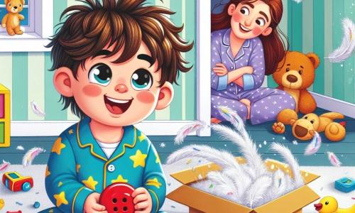 Un niño de 4 años, Nico, con cabello castaño desordenado y ojos chispeantes de travesura, está sentado en el suelo de su habitación. Lleva un pijama azul con estrellas amarillas y sonríe alegremente, sosteniendo un gran botón rojo de plástico. Su mamá, una mujer de unos 30 años, con cabello castaño y una sonrisa dulce, está en la puerta, con los brazos cruzados y una expresión divertida en el rostro, observando la escena. La habitación está llena de juguetes coloridos, con peluches esparcidos y paredes pintadas de verde claro, decoradas con dibujos de animales. En el centro, hay una gran caja de cartón abierta, desbordando plumas blancas que flotan en el aire. Nico ha creado una máquina de cosquillas que lanza plumas por todas partes, y se ríe a carcajadas, mientras las plumas bailan a su alrededor, creando una atmósfera alegre y lúdica.