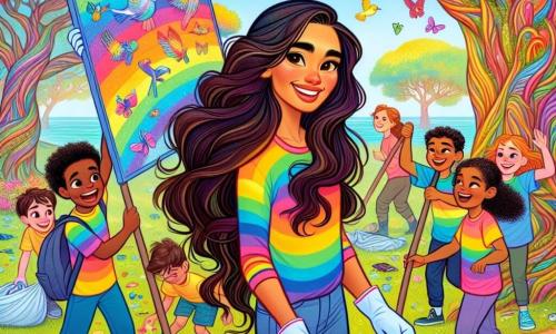 Liora, een jonge vrouw met lang, golvend haar, straalt met een iriserende huid die de kleuren van de regenboog weerspiegelt. Ze heeft een stralende glimlach en vastberaden, sprankelende ogen, terwijl ze een grote, kleurrijke poster met tekeningen van dieren en planten vasthoudt. Naast haar verzamelt een groep blije kinderen, gekleed in kleurrijke t-shirts met lachende gezichten, afval in het park. Ze dragen rubberen handschoenen en houden vuilniszakken vast, terwijl ze samen lachen en spelen. Het park is groen, met majestueuze bomen met schitterende bladeren en kleurrijke bloemen die bloeien onder een heldere blauwe lucht. Vogels zingen in de takken, en een nieuwsgierig eekhoorntje kijkt hen vanaf een boomstam toe. De belangrijkste situatie toont Liora en de kinderen in volle actie, enthousiast en vastberaden het park schoonmakend en een vieze plek in een schone, gastvrije ruimte transformerend, terwijl ze samen plezier hebben.