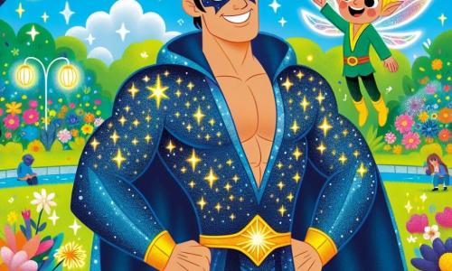 Brilloscuro è un uomo alto e muscoloso, con occhi brillanti come stelle e capelli neri come la notte. Indossa un mantello blu scintillante e una maschera dorata, mostrando un sorriso caloroso e determinato mentre si trova al centro di un giardino luminoso, circondato da fiori colorati. Accanto a lui, Lumino, un piccolo elfo con ali traslucide, vola gioiosamente. Lumino ha un volto sorridente, capelli dorati e una tunica verde, e sembra incoraggiare Brilloscuro con entusiasmo. Il giardino è magico, pieno di fiori dai colori vivaci, lanterne scintillanti appese ai rami degli alberi e un cielo blu chiaro punteggiato di nuvole bianche e soffici. La scena principale mostra Brilloscuro e Lumino che preparano una grande festa per i loro amici supereroi, con palloncini colorati e ghirlande luminose, mentre ridono e condividono idee per rendere l'evento indimenticabile.