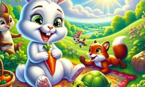 Max, der kleine Hase mit den großen Ohren und dem weißen Fell, lacht laut, während er auf einer bunten Decke inmitten einer sonnigen Wiese sitzt. Seine Augen strahlen vor Freude, während er eine Karotte in seinen Pfoten hält. Tilli, die Schildkröte mit dem schönen grünen Panzer und den schelmischen Augen, knabbert neben Max an einer Karotte und hat ein zufriedenes Lächeln im Gesicht. Sie ist leicht nach vorne geneigt, als wollte sie ihre köstliche Entdeckung teilen. Felix, der schlaue Fuchs mit dem strahlend roten Fell und dem buschigen Schwanz, versteckt sich in einem nahegelegenen Busch und lacht, während er versucht, aus einem Korb voller Beeren zu kommen. Sein Gesichtsausdruck ist amüsiert und ein wenig überrascht. Susi, das Eichhörnchen mit dem braunen Fell und den funkelnden Augen, sitzt auf einem Ast und ist bereit, eine Nuss auf Felix zu werfen, mit einem breiten Lächeln im Gesicht, voller Energie und Enthusiasmus. Der Ort ist eine grüne Wiese, übersät mit bunten Blumen und umgeben von majestätischen Bäumen, unter einem klaren, sonnigen Himmel, was eine fröhliche und lebendige Atmosphäre schafft. Die Hauptsituation zeigt Max und seine Freunde, die bei einem Picknick zusammen Spaß haben, lachen und spielen, während Felix versucht, aus dem Beerkorb zu kommen, was eine Szene voller Lachen und Kameradschaft schafft.