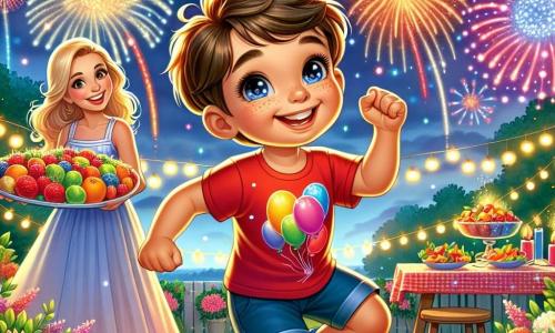 Ein 5-jähriger Junge, Max, mit zerzausten braunen Haaren und strahlenden Augen, tanzt in seinem Garten, umgeben von bunten Lichtern und leuchtenden Feuerwerken am Nachthimmel. Er trägt ein rotes T-Shirt mit einem Ballonmotiv und eine blaue Shorts, und sein strahlendes Lächeln zeigt seine Aufregung für die Silvesterfeier. Neben ihm steht seine Mutter, eine Frau in den Dreißigern mit langen blonden Haaren, die lächelt und ein großes Tablett mit bunten Früchten hält, bereit, einen köstlichen Obstsalat zu teilen. Sie trägt ein leichtes Sommerkleid und steht neben einem Tisch, der mit glitzernden Girlanden dekoriert ist. Der Garten ist voller leuchtender Blumen und hängender Laternen, die eine festliche und warme Atmosphäre schaffen. Der Himmel ist erleuchtet von strahlenden Sternen und bunten Feuerwerken, die in Lichtblitzen explodieren. Die Hauptsituation zeigt Max, der enthusiastisch unter den Feuerwerken tanzt, während seine Mutter ihn mit einem Lächeln anfeuert und eine Szene der Freude und Feierlichkeit zum Neujahr schafft.