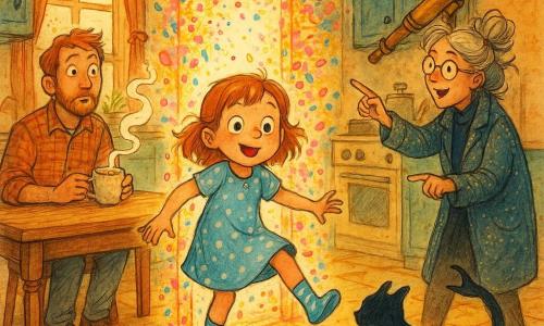 Mina, 6, round face with freckles, wide amazed eyes, joyful curious expression, wearing a light-blue polka-dot dress and striped socks, steps a foot through a thin door of light made of pink, yellow and blue confetti; her father, about 35, stubbled, in a plaid shirt with a surprised but gentle expression, holds a steaming marshmallow tea mug on the table behind her and looks at the door; Professor Popple, about 50, gray hair tied with ribbons, round sparkling glasses and a glitter coat, stands by a large wooden telescope and points encouragingly at the door; Skim, a genderless shadow-guide with an elongated fluid silhouette and a hand-like form stretched on the floor, slides at Mina’s feet like an ink cat; the colorful, slightly offbeat kitchen has a wooden table with cups, a steaming mug emitting small vapor rings, a bright window, a tiled floor with trumpet-shaped patterns and a thin luminous slit covered in shiny confetti; the main scene shows Mina at the confetti threshold with swirling confetti, steam forming ribbons, a whimsical absurd mood, vivid colors, fluid ink lines and bright watercolor washes.