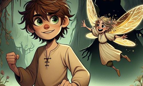 A 12-year-old boy named Oliver stands bravely at the center of the scene. He has messy brown hair, sparkling green eyes filled with determination, and wears a simple beige tunic with canvas pants. His face shows both fear and courage as he holds a glowing object, the heart of Eldoria, in his hand. Next to him is a small fairy named Lila, with shimmering wings in bright colors, flying joyfully. She has long golden hair and wears a dress made of flower petals, smiling enthusiastically, ready to help Oliver on his quest. They are in the Gloomy Thicket, a dark and mysterious forest where twisted trees and threatening shadows create a haunting atmosphere. The main situation shows Oliver facing the shadow wizard, a dark and menacing figure radiating an aura of evil power. The boy, with the heart of Eldoria glowing in his hand, prepares to confront the wizard, while Lila supports him with her magical glow, illuminating the surrounding darkness.