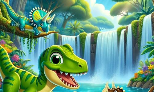 Een velociraptor genaamd Raptorino, met glanzende groene schubben en gele accenten, staat aan de rand van een prachtige waterval, zijn ogen sprankelend van opwinding en een brede glimlach op zijn gezicht. Naast hem spettert Trixie, een Triceratops met drie scherpe hoorns en een bruine huid, vrolijk in het water en lacht enthousiast. Op de achtergrond komt Zora, een Plesiosaurus met glinsterende blauwe huid, uit het water tevoorschijn, met uitgespreide vinnen, klaar om de anderen de onderwaterwonderen te tonen. De locatie is een weelderig oerwoud, met gigantische bomen met heldergroene bladeren, kleurrijke bloemen en zonnestralen die door het loof filteren en de scène verlichten. De hoofdactie toont Raptorino en zijn vrienden die plezier hebben bij de waterval, klaar om de geheimen van de onderwatergrot te verkennen.