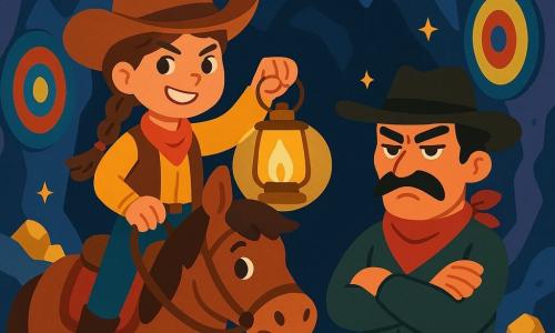 Una giovane cowgirl, Sofia, di circa 12 anni, con lunghi capelli castani intrecciati e un cappello da cowboy, sta orgogliosamente in sella al suo cavallo marrone di nome Bruno. Ha uno sguardo determinato e un sorriso audace, pronta ad affrontare l'avventura che l'attende. Accanto a lei, un bandito dal volto segnato, di una quarantina d'anni, con un baffo nero e un bandana rosso, si trova in posizione di sfida, con le braccia incrociate e un'espressione provocatoria. Lo scenario è una caverna misteriosa, con pareti di pietra brillanti sotto la luce di una lanterna che Sofia tiene in mano. Scintillii d'oro brillano intorno a loro, illuminando l'oscurità della caverna. La situazione principale mostra Sofia che sfida il bandito a una corsa di tiro al bersaglio, con bersagli colorati appesi alle pareti. L'atmosfera è tesa ma emozionante, piena di promesse di avventura e coraggio.
