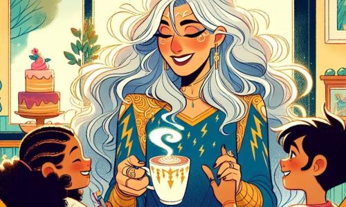 Luna Leuchtkraft, eine Frau mit langen schimmernden silbernen Haaren, trägt einen blauen und goldenen Anzug mit Blitzen auf den Schultern. Sie hat einen neugierigen und fröhlichen Blick, sitzt an einem Tisch im Café, hält eine Tasse heiße Schokolade und ist von kleinen Dampfwolken umgeben. Neben ihr sitzt ein 7-jähriger Junge mit zerzausten braunen Haaren und einem roten T-Shirt, der lächelt und ihr eine Zeichnung zeigt. Ein 6-jähriges Mädchen mit blonden Zöpfen und einem rosa Kleid sitzt auf einem Stuhl und malt in einem Bilderbuch, mit leuchtenden Augen vor Aufregung. Das Café ist gemütlich, mit pastellgelben Wänden, hellen Holztischen und großen Fenstern, die Sonnenlicht hereinlassen. Grüne Pflanzen dekorieren die Ecken, und bunte Kuchen sind auf der Theke ausgestellt. Die Hauptsituation zeigt Luna, glücklich und entspannt, während sie die Freude am Zusammensein mit den Kindern entdeckt und dabei Lächeln und Lachen bei einer Tasse heißer Schokolade teilt.