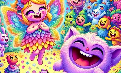 A small fairy named Twinkle, with sparkling rainbow-colored wings, joyfully smiles, her eyes twinkling with mischief. She wears a dress made of flower petals and flies above a group of funny creatures. Next to her, a Flufflet named Pippin, with his fluffy purple fur and big round eyes, bursts into laughter, holding a shining gem that emits a soft light in his tiny paws. In the background, a group of Tinkertown villagers, including a little girl with blonde hair in a pink dress and a boy with brown hair wearing a straw hat, sit on wooden benches, laughing and clapping. The scene takes place in Giggle Grove, a magical place where trees have smiling faces and laughter fills the air, surrounded by colorful flowers and dancing butterflies. In this illustration, Pippin and Twinkle celebrate the discovery of the giggling gem, surrounded by their new friends, all united by joy and laughter.