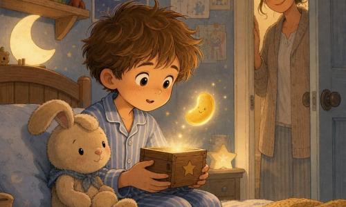 An 8-year-old boy with tousled brown hair and sparkling round eyes sits at the edge of his bed in blue-and-white striped pajamas, gently holding a small wooden box decorated with a star. The animated "laugh box" rests against his palm, emitting a soft golden light and releasing a tiny glowing bean-shaped laughter bubble that floats above the blanket. A beige rabbit plush (Mr. Wobble) with a flopped ear is propped by the pillow as if listening. The mother (30–40) stands kindly in the doorway, hair tied, smiling from the right-hand threshold. The warm, detailed bedroom has moon-shaped lamps, light wood shelves with colorful books and toys, a mustard knit blanket, hand-drawn star posters, and a nightlight casting soft shadows. Main scene: a calm, magical bedtime moment—boy collecting a laughter bubble in the box; warm pastel colors, soft contrasts, rounded linework, visible fabric textures, dim nocturnal lighting with a golden glow around the bubble; comic-style with a fine rounded outline.