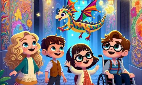 In a secret alley of the city, four children stand together, amazed. Emma, a five-year-old girl with curly golden hair, smiles with sparkling eyes, holding a small dragon with multicolored scales in her arms. Next to her, Jake, a five-year-old boy with brown hair and large round glasses, watches the dragon with fascination, his eyes wide open. Lily, a five-year-old girl with smooth black hair, joyfully laughs, her arms raised as if dancing with pixies flying around her. Max, a five-year-old boy in a wheelchair, has a big smile and gazes at the magical creatures in wonder, his hands resting on the wheels of his chair. The narrow and mysterious alley is adorned with walls painted with colorful murals that seem to come to life. Sparkling lanterns float in the air, and glowing flowers grow between the cobblestones, adding a touch of magic to the atmosphere. Above them, pixies dance, leaving behind golden sparks. The main scene shows the children discovering the dragon and the pixies, a moment of joy and wonder as they realize they have entered a hidden magical world, ready to become the guardians of this enchanting secret.