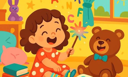 A 4-year-old girl with curly brown hair and a big joyful smile is sitting on the floor, surrounded by shiny-covered books. She wears a red polka dot dress and striped socks, holding a sparkling rainbow feather duster in her hands. Next to her, her teddy bear, Mr. Fluff, is a big brown bear with a blue bow tie, appearing to laugh with her. The room is colorful, filled with scattered toys, fluffy cushions, and bright yellow walls decorated with drawings of stars and clouds. In the background, a window lets in golden sunlight, creating a warm and cheerful atmosphere. Lily, amazed, uses the magic feather duster to make the words from an open book in front of her dance, while colorful letters float around them, creating a playful and whimsical ambiance.
