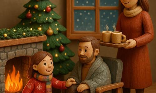 A 10-year-old girl, Lucy, sits in front of a fireplace, her eyes sparkling with pride. She wears a red sweater with snowflake patterns and a colorful wool scarf. She watches the dancing flames with a radiant smile. Her father, a man around 40, sits in a chair nearby, wrapped in a soft blanket, gazing at Lucy with warmth and admiration. Her mother, a woman around 38, stands by the table holding a tray of steaming hot chocolate cups, a benevolent smile lighting up her face. The room is decorated for Christmas, with a large tree sparkling with lights and colorful ornaments. The stone fireplace is adorned with pine branches and small lights, casting a golden glow in the room. The main scene shows Lucy lighting the fireplace for the first time, creating a warm and festive atmosphere, while snow gently falls outside, visible through a large window.