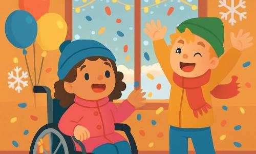 There are two main characters: Mia, an 8-year-old girl with curly brown hair, wearing a bright pink coat and a blue hat, sitting in a wheelchair decorated with colorful garlands, smiling and full of enthusiasm; and Jack, a 9-year-old boy with messy blonde hair, wearing a red scarf and a green hat, standing next to Mia, raising his arms in the air with a big smile, ready to throw confetti. The setting is a large ski hall, warmly decorated with sparkling garlands, colorful balloons, and paper snowflakes hanging from the ceiling. Large windows let in the soft light from the falling snow outside, creating a festive and joyful atmosphere. The main scene shows Mia and Jack surrounded by colorful confetti floating in the air as they have just made a New Year's wish together, surrounded by bright decorations, laughter, and smiles, ready to celebrate the party with their friends.