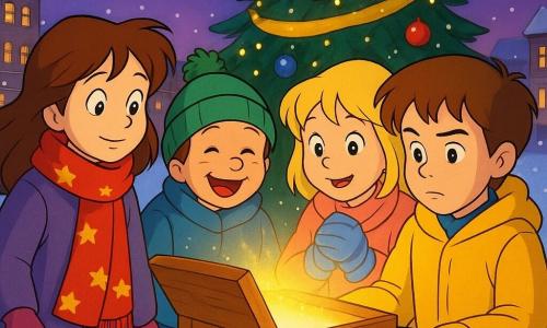 There are 4 children: Mia, an 8-year-old girl, wears a red scarf with stars and calmly looks at the singing box, her brown hair slightly flowing in the wind. Leo, a 7-year-old boy, has a green hat with a pompom and laughs joyfully, his cheeks red from the cold. Zara, a 7-year-old girl, wears striped blue mittens and watches the box with bright eyes, her blonde hair framing her face. Ben, an 8-year-old boy, has a yellow coat and a serious but curious expression, holding the box carefully. The children are gathered around a large wooden box decorated with a painted holly leaf, placed on the sparkling white snow. The scene takes place in the village square, where a large Christmas tree adorned with golden ribbons and shiny baubles stands proudly. Colored lights illuminate the scene, and snowflakes gently fall from the twilight's purple sky. The main situation shows the children delicately opening the singing box under the Christmas tree, their faces lit by a soft golden glow emanating from the box, creating a magical and warm atmosphere.