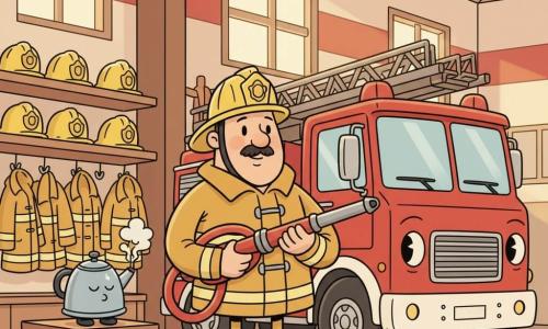 Un bombero llamado Tomás, alto y robusto, con bigote fino y casco amarillo sonriente y decidido, sostiene una manguera roja junto a un gran camión rojo de faros amigables y cromados, mientras una tetera plateada en la mesa despide vapor en nubecitas junto a las botas; la estación, limpia y luminosa con paredes rojo y blanco, ventanas que dejan entrar luz dorada y estantes con cascos y chaquetas reflectantes, muestra la calma tras la alarma: Tomás se prepara a salir, ambiente tranquilo y listo para actuar.