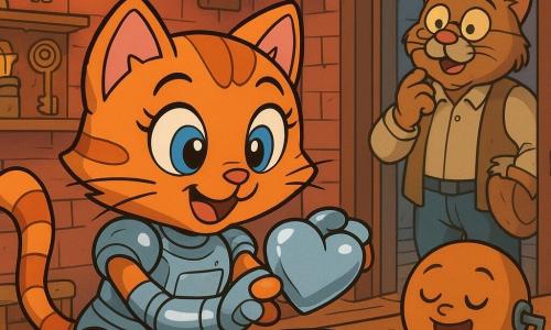 Lía, una joven gatita mecánica, aparece en primer plano, emocionada y concentrada, colocando delicadamente un pequeño corazón de acero pulido en un plato de desayuno; Don Brío, un gato padre mayor de estilo realista y caricaturesco, con gafas y bolsillos llenos de trapos, sonriente pero distraído, está en el marco de una puerta buscando un martillo cantador; una caja de música antropomórfica, pequeña y redonda, sonríe sobre el banco junto a Lía; el taller, cálido y desordenado con paredes de ladrillo, estantes con llaves, engranajes y relojes, lámparas que emiten luz ámbar y manchas de aceite en el suelo de madera; la escena muestra a Lía preparando un desayuno sorpresa y un regalo hecho a mano para el Día del Padre, con gestos cuidadosos y un tono tierno y levemente cómico, a punto la sorpresa.