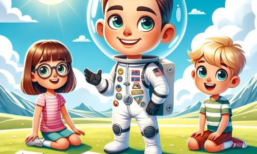 Un uomo astronauta, Luca, si trova al centro dell'immagine, vestito con una tuta spaziale bianca decorata con toppe colorate, con un grande sorriso sul volto e gli occhi brillanti di eccitazione. Sta raccontando una storia ai bambini intorno a lui. Sofia, una bambina di 8 anni con capelli castani e occhiali, è seduta ai suoi piedi, con gli occhi spalancati dalla fascinazione, mentre tiene una matita e un quaderno per disegnare. Marco, un ragazzo di 7 anni con i capelli biondi arruffati, è accanto a lei, saltellando d'impazienza e sorridendo, pronto a fare domande. Lo sfondo è un campo verde sotto un cielo blu brillante, punteggiato di nuvole bianche e soffici, con fiori colorati che sembrano danzare al vento. In lontananza si vedono dolci montagne e il sole splende calorosamente. La scena mostra Luca mentre condivide le sue avventure spaziali, circondato da bambini meravigliati, tutti sognando di viaggiare verso pianeti lontani, mentre un grande razzo di carta è posato ai loro piedi, pronto a portarli in un viaggio immaginario.